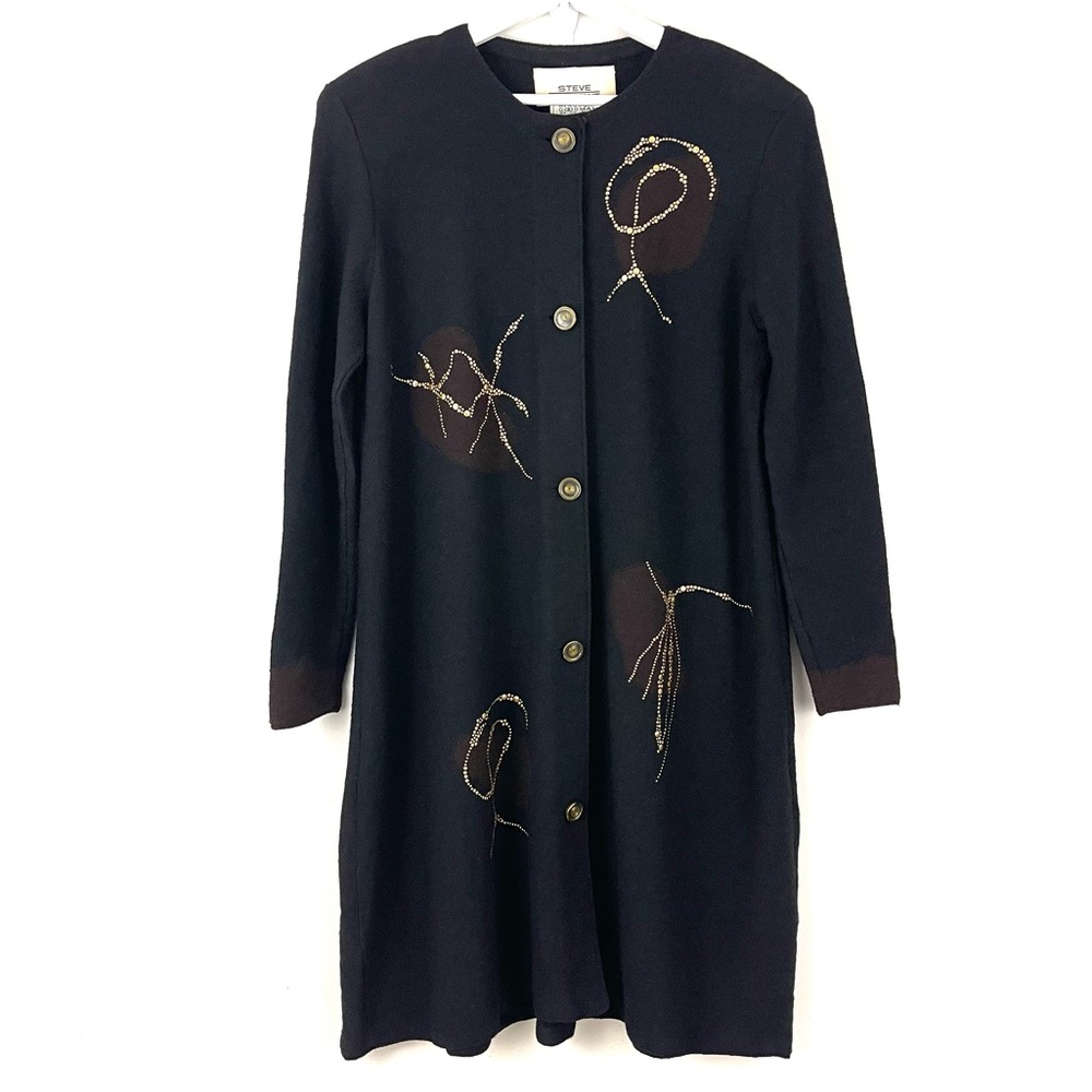 VTG Steve Fabrikant Bergdorf Goodman Long Button Front Wool Knit Sweater Jacket